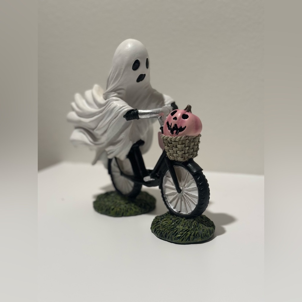 Goblin and Ghoul Halloween Ghost Riding Bicycle with Pink Pumpkin